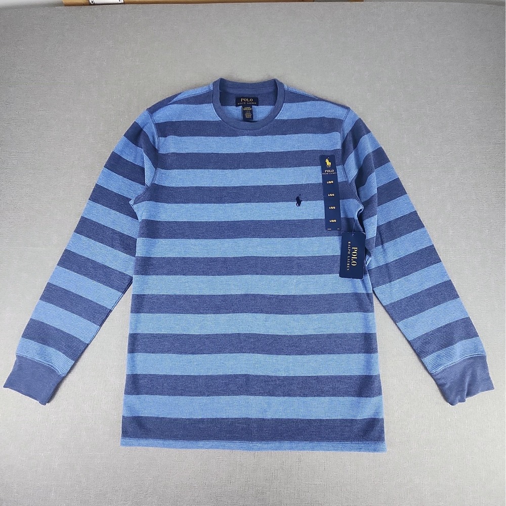 NWT Polo Ralph Lauren Mens Large Blue Striped Waffle Knit Shirt Long Sleeve Pony